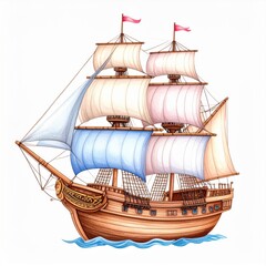 Vintage Wooden Sailing Ship with Colorful Sails