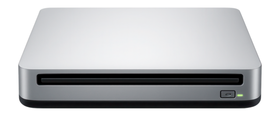 Ultra-thin external DVD writer with a silver finish and slot-loading mechanism