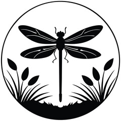 Dragonfly Silhouette Flying Above a Calm Pond Water Surface Vector Design