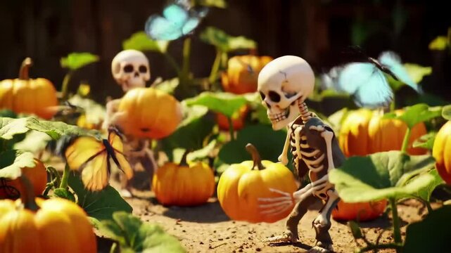 Skeleton Friends in Pumpkin Patch a Spooky Autumn Adventure