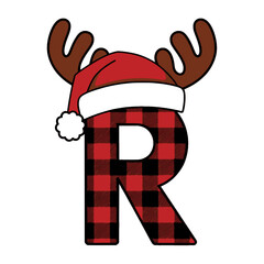 Christmas letter R with plaid, antlers, and Santa hat, Festive uppercase letter R decorated with a red plaid pattern, Santa hat, and cartoon antlers, perfect for Christmas crafts and holiday-themed 

