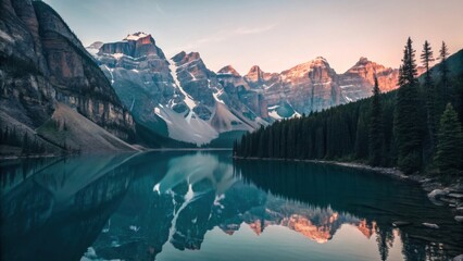 Serene mountain range reflected in a calm lake at sunrise with a dense forest lining the shore