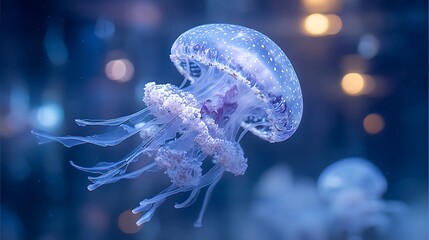 Close up shot of a jellyfish with white spots swimming in a blue water environment with bokeh lights