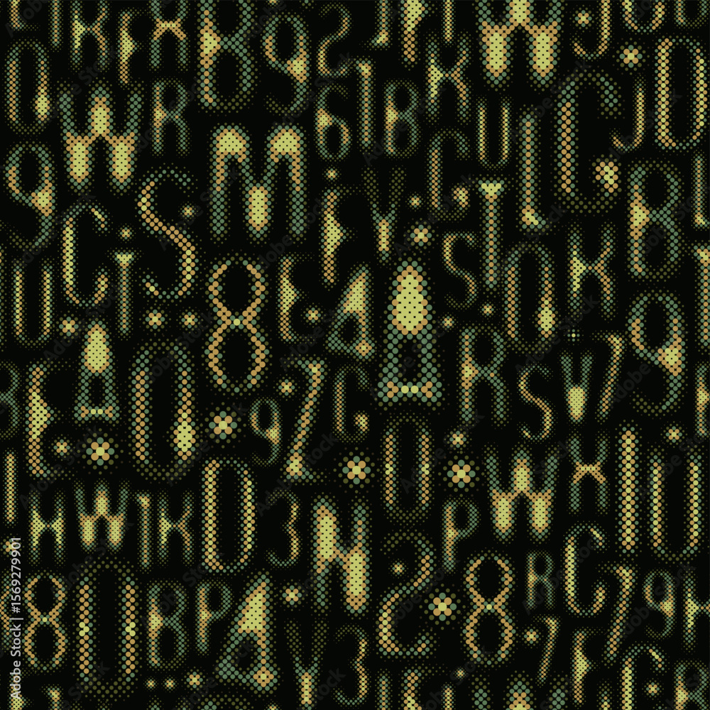 Poster seamless pattern with a font consisting of dots. on the theme of matrix print, computer games, digit