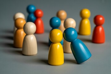 Two colorful wooden figures leaning towards each other in a group