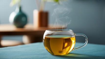 Steaming hot herbal tea in a clear glass mug on a blue tablecloth