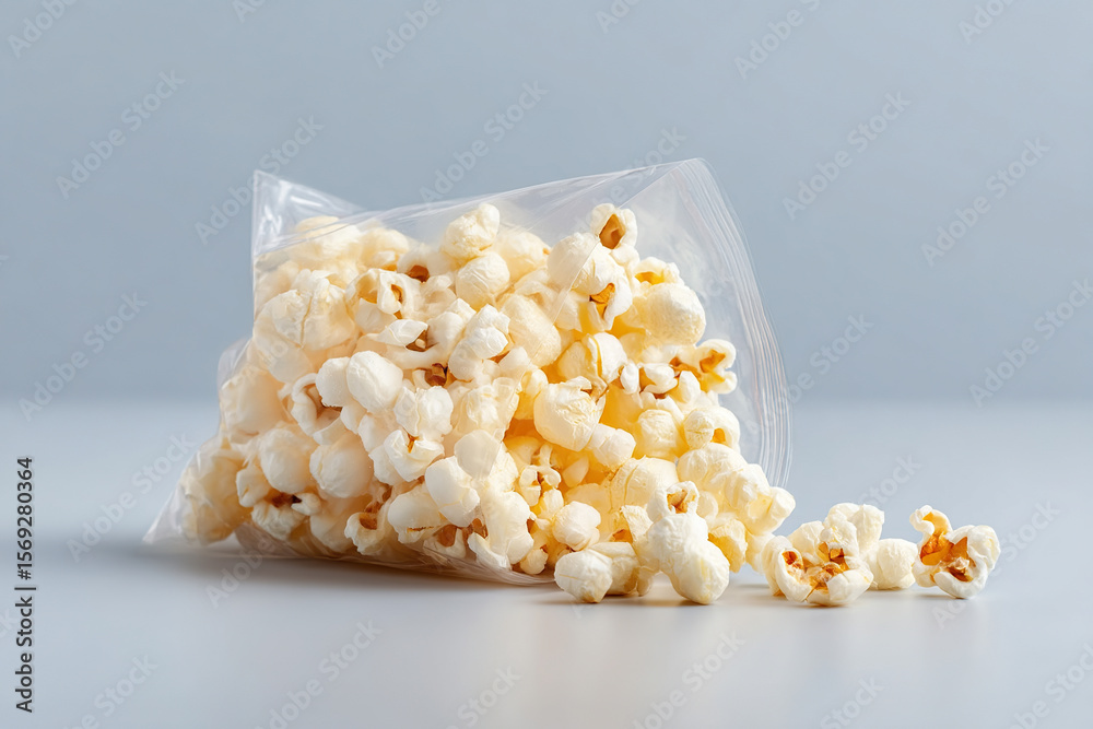 Aufkleber popcorn spills from a clear plastic bag, offering a light and airy snack on a clean surface against 