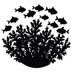 Silhouette of a Coral Reef with Fish Underwater Scene Marine Life Illustration