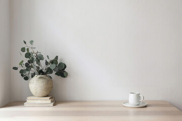 Minimal breakfast still life. Cup of coffee, tea. Empty white wall in sunlight table. Textured vase with silver eucalyptus leaves, branches on old books, elegant Scandinavian working space, office © qiu