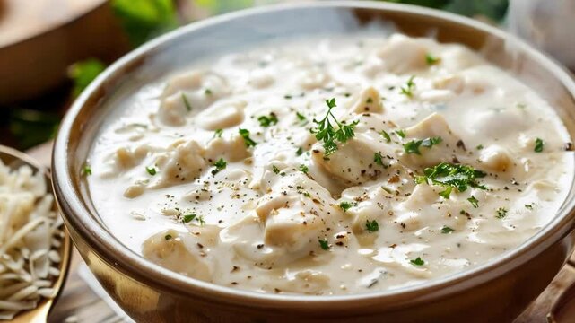 Clam chowder is being served in a bowl, garnished with fresh parsley, with grated cheese and bread in the background. The perfect comfort food for a cold day