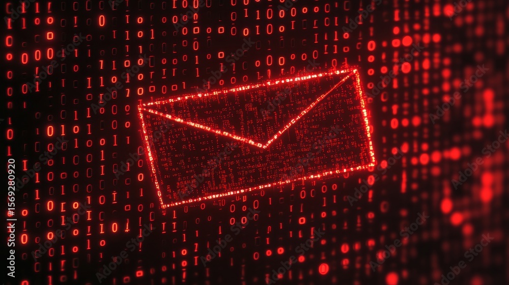 Poster email security concept featuring flashing red cyber codes and ominous hacker alert envelope image