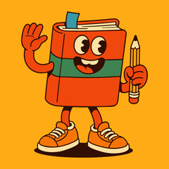 Vintage retro School Book Mascot, cartoon vector character.