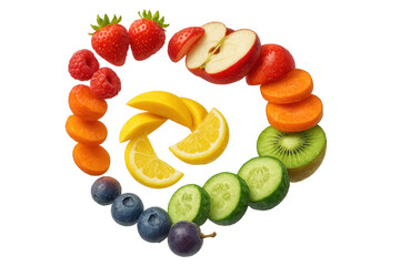 Colorful fruit and vegetable rainbow arrangement isolated on transparent background.