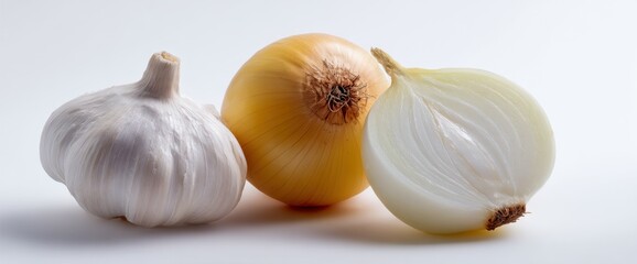 Fresh Garlic Bulb With Whole And Cut Yellow Onion On White Background, Close Up