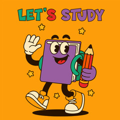 Vintage retro School Book Mascot, cartoon vector character.