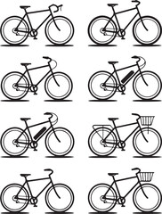 Variety of Bicycle Designs Illustrations of Road, Hybrid, and Electric Bikes
