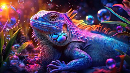 Fototapeta premium Vibrant lizard surrounded by colorful bubbles.