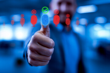 Successful biometric fingerprint match with green checkmark for user identity verification and personal security, concept of access control and digital authentication system, authentication process