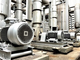  Industrial electric motor pumps installed outdoors with connected pipelines and valves, used in cooling systems, HVAC, and fluid transfer operations in factories or energy plant