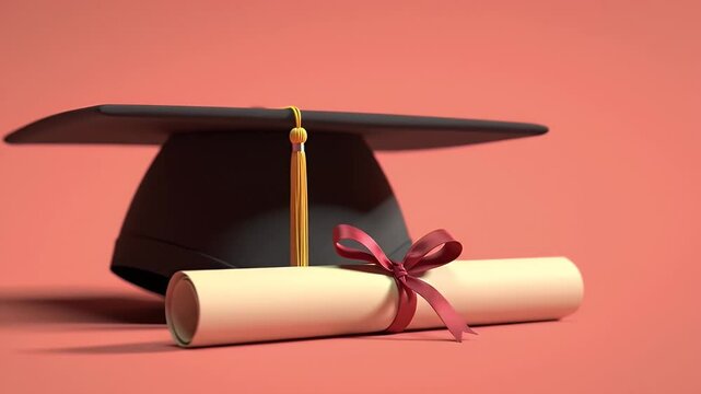 Graduation Cap with Diploma and Crimson Ribbon on Red Background Represents Academic Achievement
