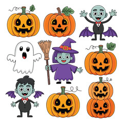 Fototapeta premium Cute Halloween Cartoon Character Vector Clip Art Set – Pumpkins, Witch, Ghost, Zombie and Bat Illustration