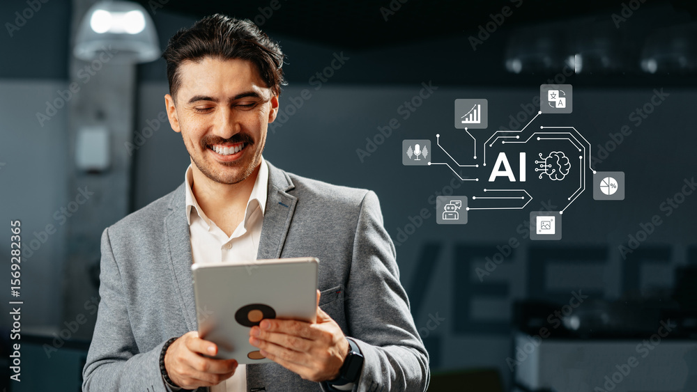 Poster professional man engages with tablet in a modern office setting while exploring artificial intellige