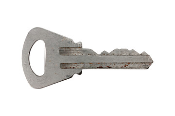 Close-up of a silver metal key isolated on white background.