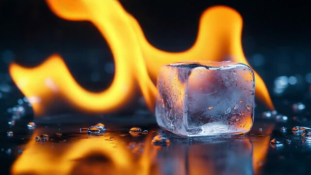 Burning Ice Cube with Melting and Flames, Hot vs Cold Concept in Dramatic Contrast

