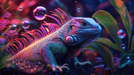 Fototapeta premium Vibrant iguana in a glowing underwater environment.