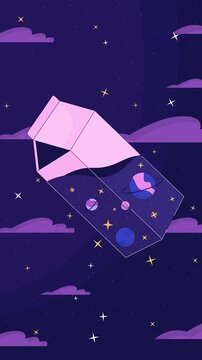 Lofi cosmic milk carton filled with stars and planets vertical animation. Surreal galaxy dairy box floating in dreamy night sky. Lo fi 2D cartoon animated 4k video. Chill aesthetic, live wallpaper