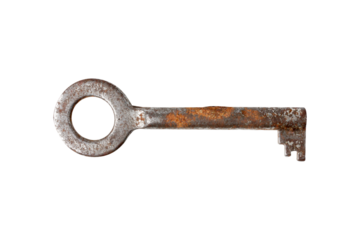 Rusty old iron key isolated on white background.