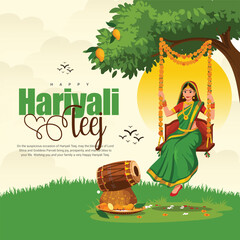 Happy Hariyali Teej Festival Celebration with Lord Shiva and Goddess Parvati Illustration for Monsoon Season and Traditional Hindu Festival Post