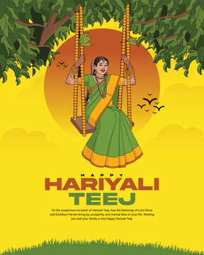 Happy Hariyali Teej Festival Celebration with Lord Shiva and Goddess Parvati Illustration for Monsoon Season and Traditional Hindu Festival Post