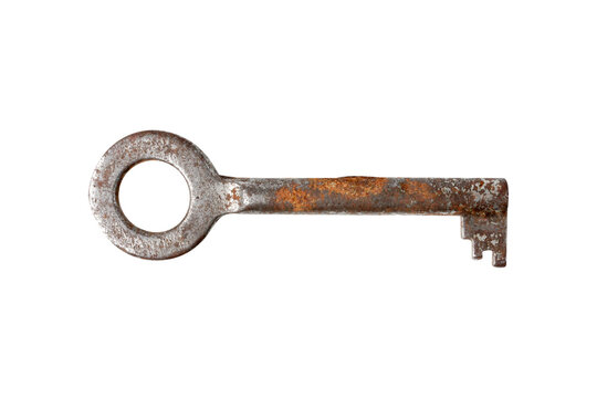 Rusty old iron key isolated on white background.