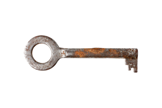 Rusty old iron key isolated on white background.