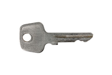 Metal key isolated on white background, simple and detailed.