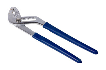 Adjustable pliers with blue handles on white background.