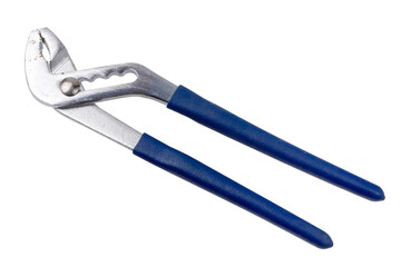 Adjustable pliers with blue handles isolated on white background.