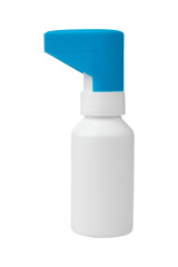 White plastic bottle with blue pump isolated on white background.