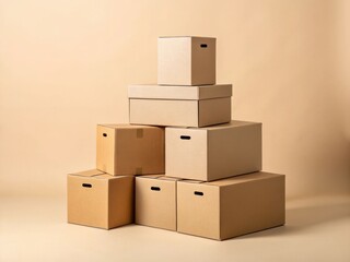 Obraz premium A neat stack of cardboard moving boxes with cut out handles arranged in a pyramid formation against a plain background