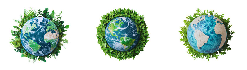 Earth surrounded by lush green leaves, symbolizing environmental conservation and sustainability. three globes showcase different continents