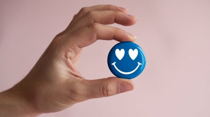 A Token of Affection: A close-up shot features a hand delicately holding a radiant blue button, its joyful emoji design conveying warmth and positivity. The background offers a gentle.