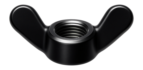 Black oxide-coated wing nut with a fine thread for precision instrumentation assembly.
