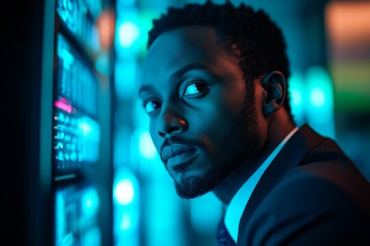 Black male cybersecurity analyst analysing AI cyberspace threats on a computer in a dark tech office data centre. Blue lighting enhances the ethical hacking process, Generative AI - Powered by Adobe