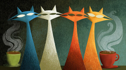 Four stylized cats with long necks and closed eyes — blue, white, and orange — near a steaming green cup on a red saucer, spiral steam, dark green-black background.