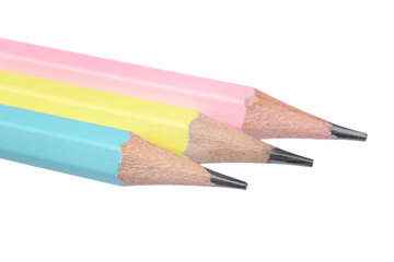Three pastel-colored pencils on white background.