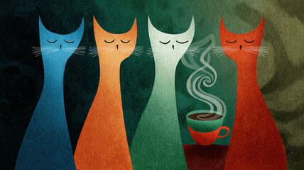 Four stylized cats with long necks and closed eyes — blue, white, and orange — near a steaming green cup on a red saucer, spiral steam, dark green-black background.