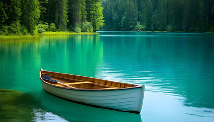 Obraz premium Rowboat Floating on Turquoise Lake Surrounded by Forest, Illustrating Serenity and Summer Vacation