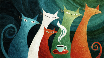 Four stylized cats with long necks and closed eyes — blue, white, and orange — near a steaming green cup on a red saucer, spiral steam, dark green-black background.