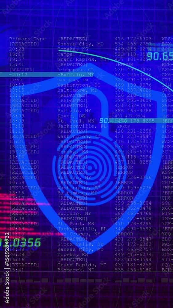 Poster animation of digital shield with padlock and fingerprint over data processing and world map